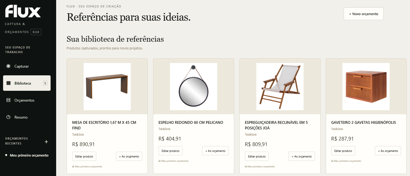 Tela do Flux: biblioteca de referências com produtos capturados e prontos para orçamento