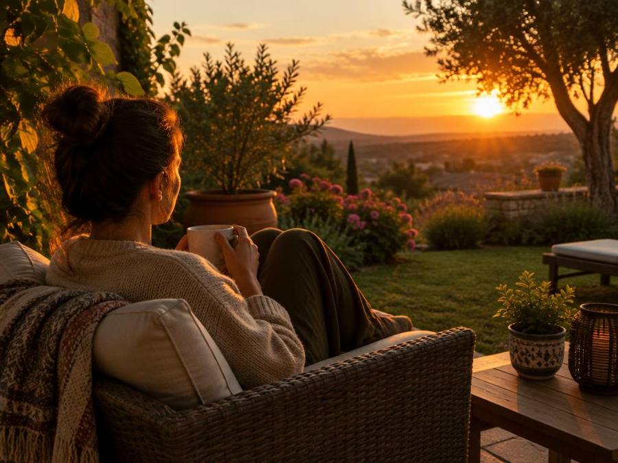 Pessoa relaxando no jardim ao pôr do sol, com uma xícara de café
